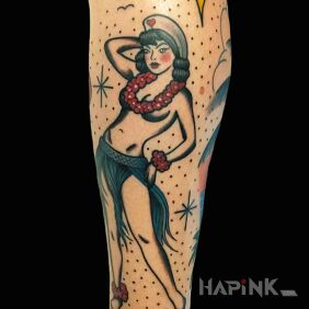 Tattoo Old school woman on the leg motif: characters style: oldschool
