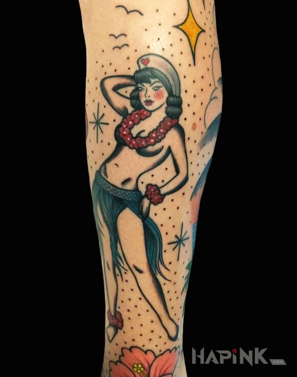 Tattoo Old schoolowa kobieta in colorful motif and oldschool style on the leg