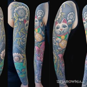 Tatuaż Lucky Sleeve na ręce motyw: czaszki styl: graficzne / ilustracyjne