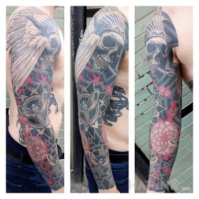 Tattoo Abstract graphic sleeve on the forearm motif: skulls style: abstract