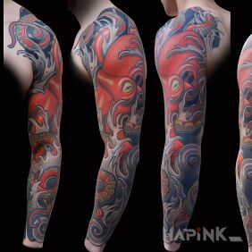 Tattoo Octopus sleeve on the forearm motif: colorful style: japanese / irezumi