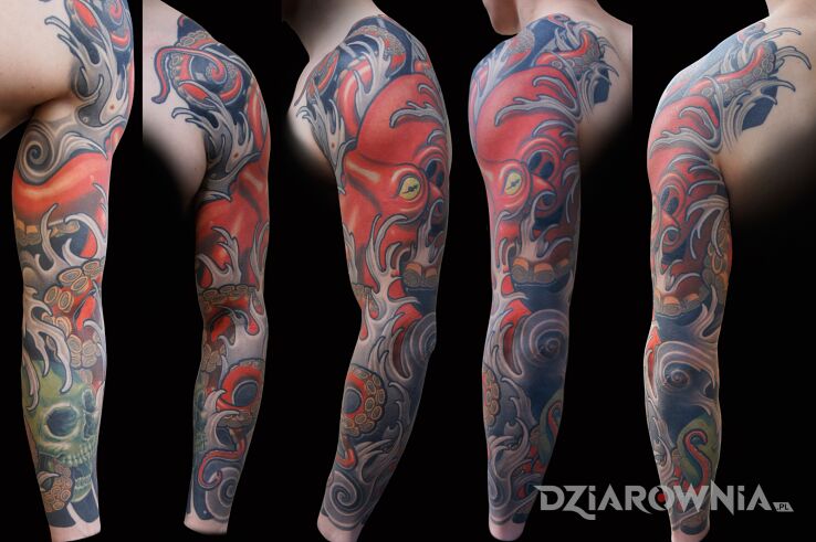 Tatuaż rękaw ośmiornica w motywie zwierzęta i stylu newschool na ramieniu