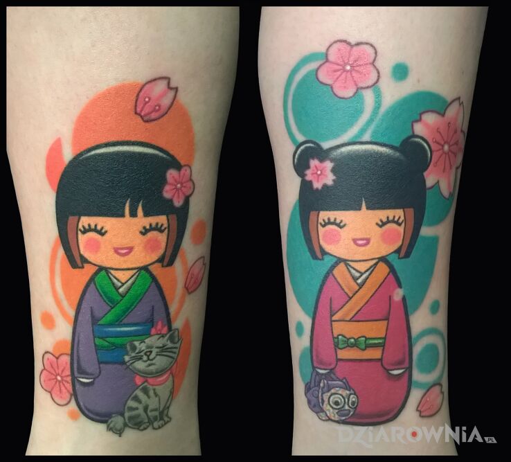 Tatuaż laleczki japońskie kokeshi w motywie fantasy i stylu graficzne / ilustracyjne na łydce