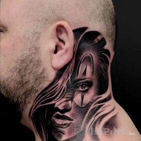 Tattoo The beginning of the neck on the neck motif: faces style: realistic