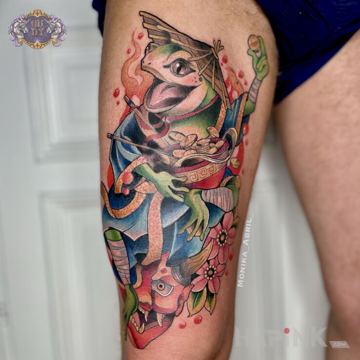 Tattoo Tatuaż neotradycyjny - Żaba in animals motif and graphic / illustrative style on the thigh