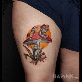 Tattoo Żabolina on the thigh motif: colorful style: neo-traditional