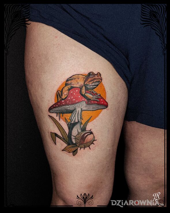 Tatuaż żabolina w motywie kwiaty i stylu neotradycyjne na nodze