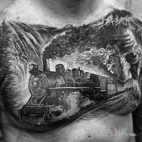 Tattoo Speeding train on the chest motif: faces style: realistic