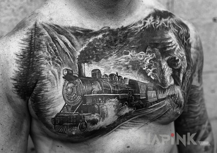 Tattoo Pędzący pociąg in 3D motif and realistic style on the chest