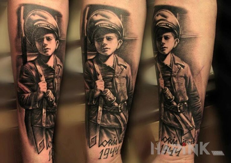 Tattoo 1944 in characters motif and realistic style on the forearm