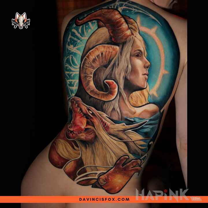 Tattoo @davincisfox Tatuaż damski kolorowy na całe plecy - bajkowy in faces motif and neo-traditional style on the back