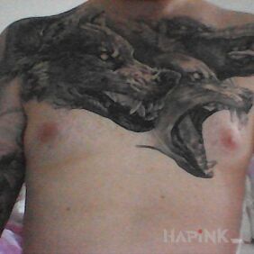 Tattoo Chest start on the chest motif: black and gray style: realistic