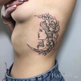 Tattoo Moon Girl on the ribs motif: faces style: graphic / illustrative