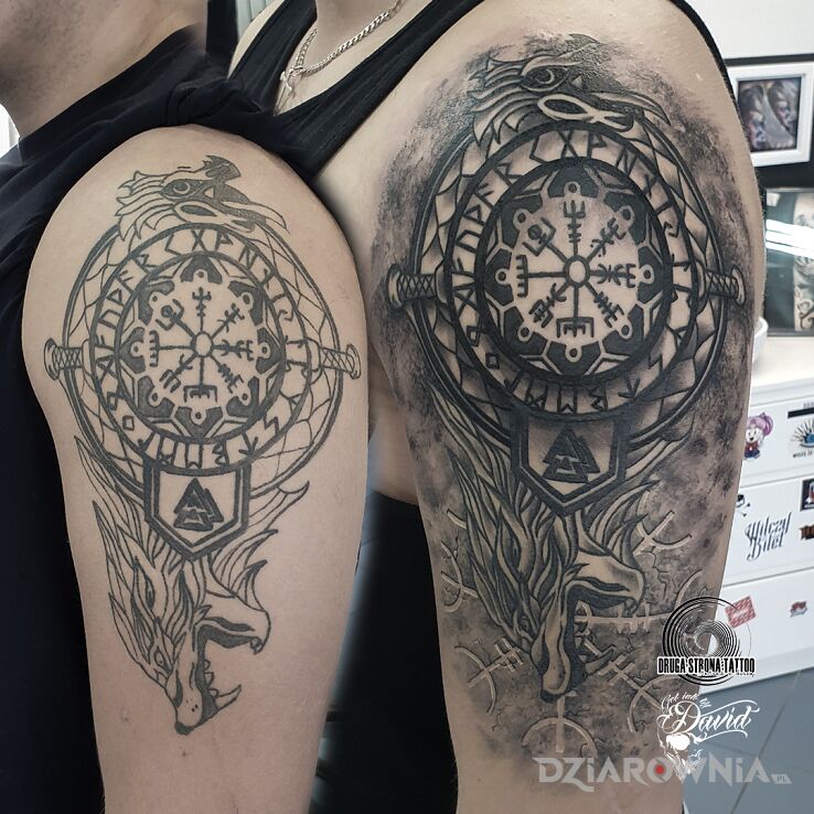 Tatuaż odświeżenie starszego tatuażu d w motywie zwierzęta i stylu celtyckie / nordyckie na ramieniu