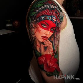 Tattoo Indian woman in red On the arm motif: colorful style: realistic