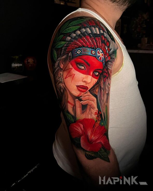 Tattoo Indianka w czerwieni in Indian motif and realistic style on the upper arm