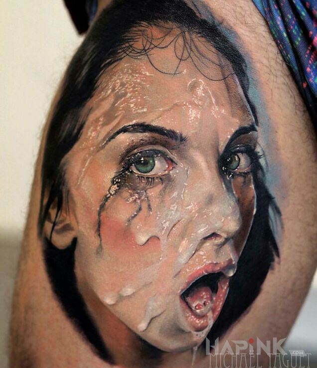 Tattoo Portret in 3D motif and realistic style on the leg