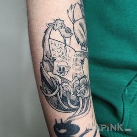 Tattoo Awesome Mushu the dragon taking a bath in the broth On the arm motif: funny style: cartoon / comic book