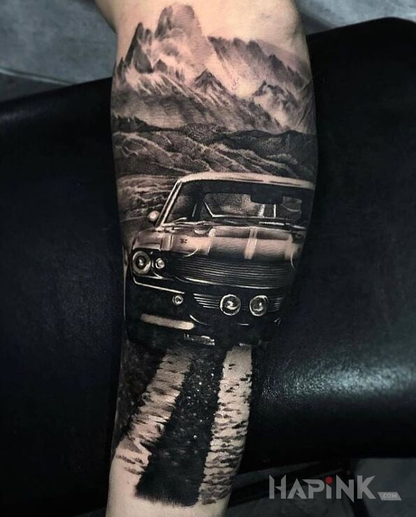Tattoo Furą w góry in 3D motif and realistic style on the forearm