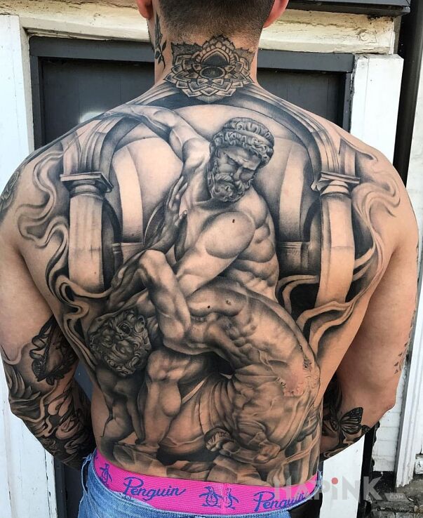 Tattoo Herkules in 3D motif on the back