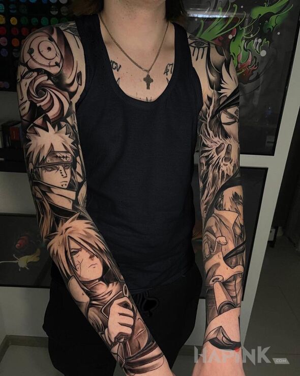 Tattoo Naruto in sleeves motif and graphic / illustrative style On the arm