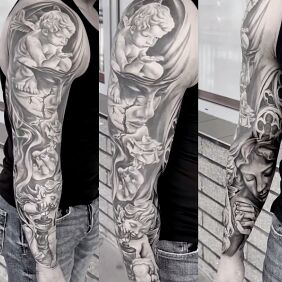 Tattoo Sleeve angels male composition on the forearm motif: black and gray style: realistic