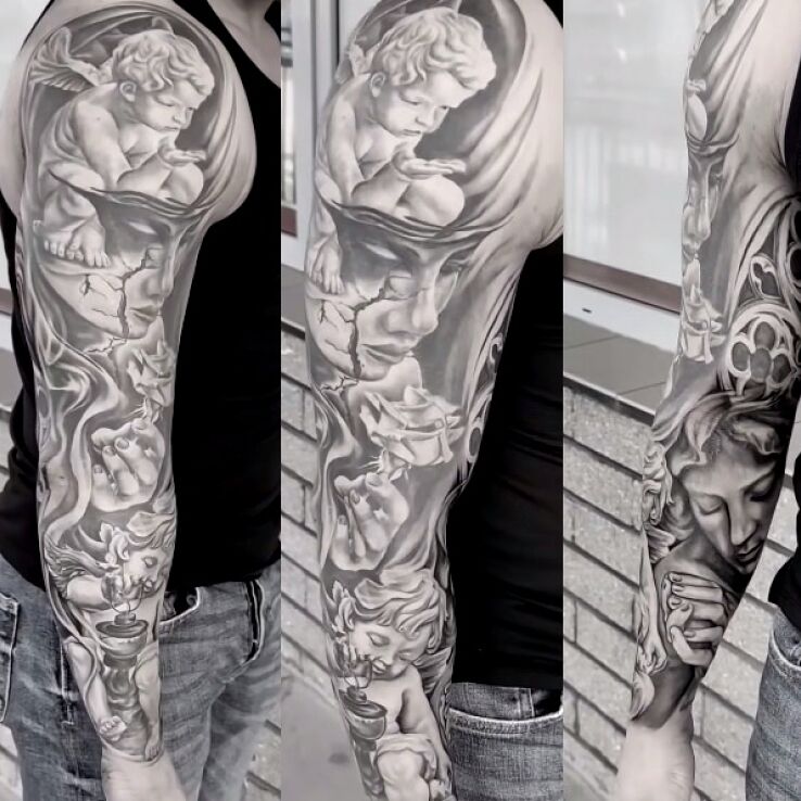 Tatuaż rękaw anioły kompozycja męska w motywie postacie i stylu kontury / linework na przedramieniu