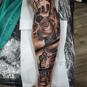 Tattoo Boxer on the calf motif: black and gray style: realistic