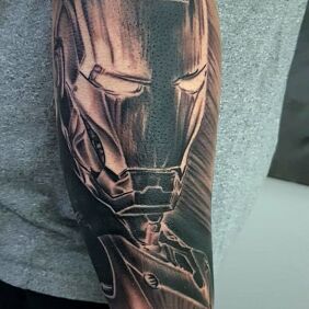 Tattoo Iron-man On the arm motif: black and gray style: realistic