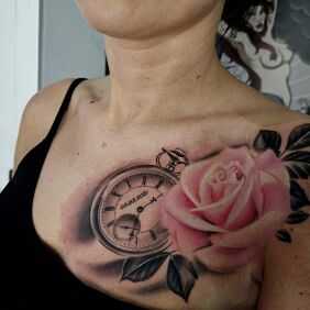 Tattoo Rose and clock on the chest motif: colorful style: realistic