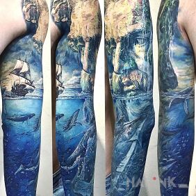 Tattoo Water and underwater world on the bicep motif: animals style: realistic