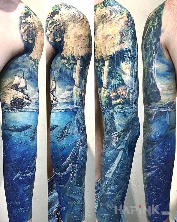 Tattoo Wodny i podwodny świat in faces motif and realistic style on the bicep