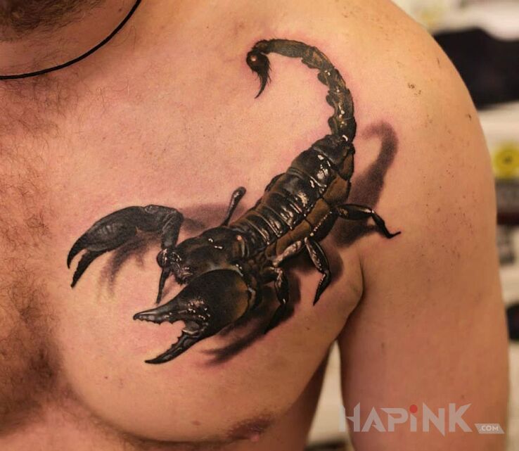 Tattoo Skorpion in 3D motif and realistic style on the chest
