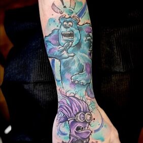 Tattoo James Sullivan and the Evil Minion on the hand motif: colorful style: cartoon / comic book