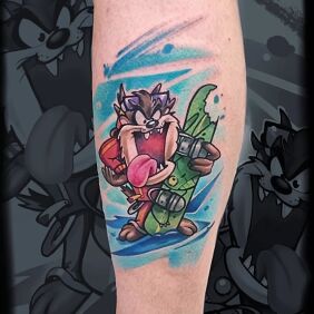 Tattoo Tasmanian devil winter edition on the leg motif: colorful style: cartoon / comic book