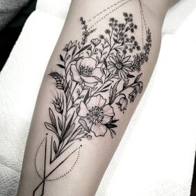 Tattoo Bouquet on the calf motif: black and gray style: graphic / illustrative