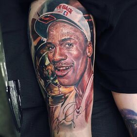 Tattoo Michael Jordan on the leg motif: faces style: realistic