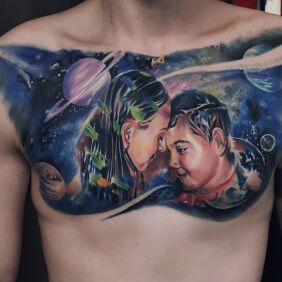 Tattoo Cosmos wife and son on the collarbone motif: cosmos style: realistic