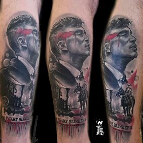 Tattoo Tommy Shelby on the calf motif: faces style: realistic