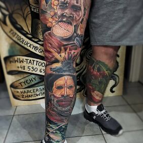 Tattoo African Sleeve on the knee motif: colorful style: realistic