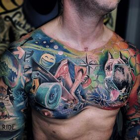 Tattoo Chest of interest on the collarbone motif: characters style: surrealistic