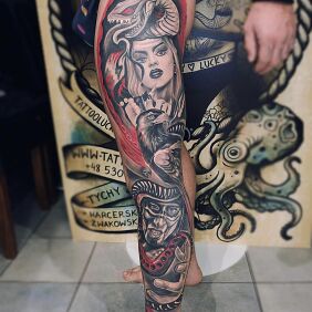 Tattoo Thigh collage on the thigh motif: characters style: neo-traditional