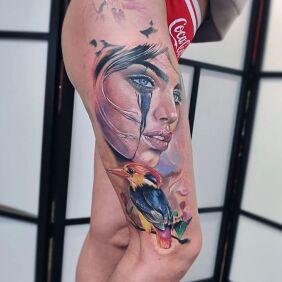 Tattoo Thigh coverup on the thigh motif: colorful style: realistic