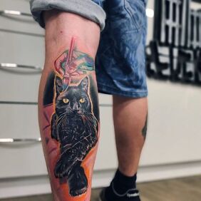 Tattoo Cat portrait differently on the leg motif: colorful style: realistic