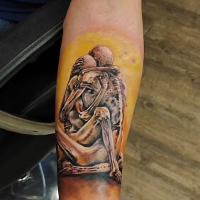Tattoo Beksiński on the forearm motif: fantasy style: surrealistic