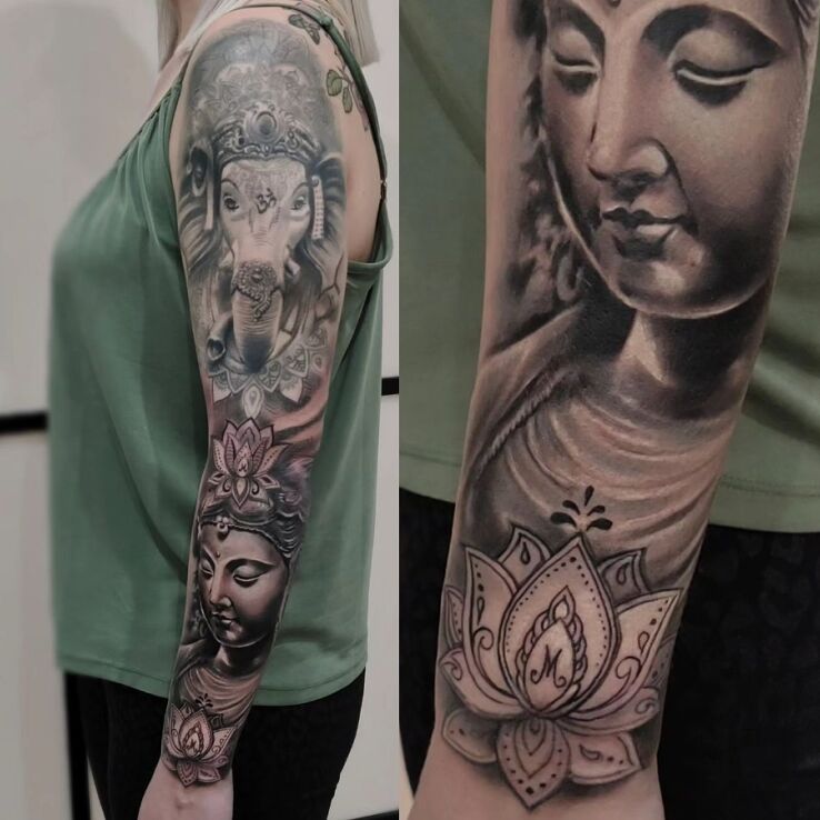 Tatuaż rękaw indie w motywie mandale i stylu realistyczne na ręce