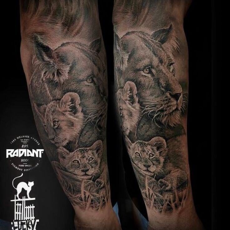 Tatuaż lwia rodzina w motywie czarno-szare i stylu realistyczne na przedramieniu