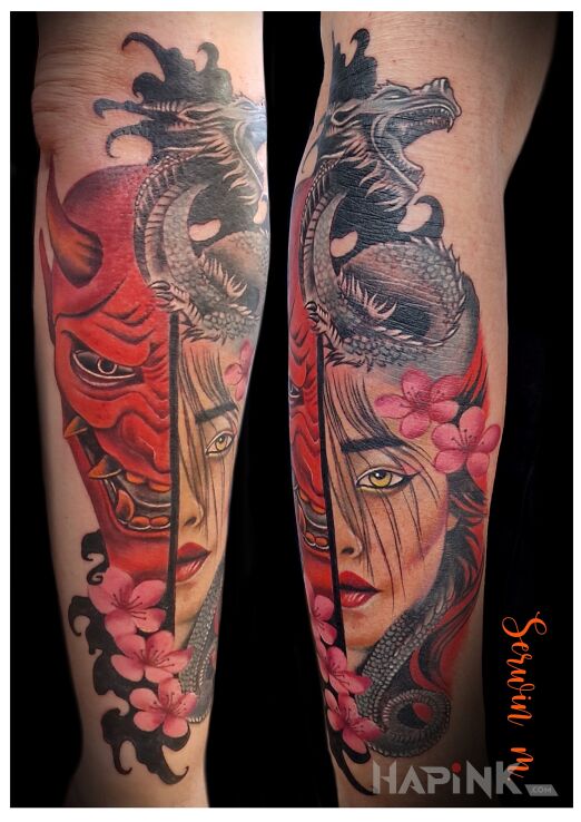 Tattoo Japonia in colorful motif and graphic / illustrative style on the forearm