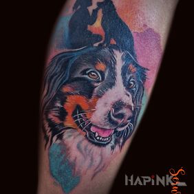Tattoo Dog on the calf motif: colorful style: realistic