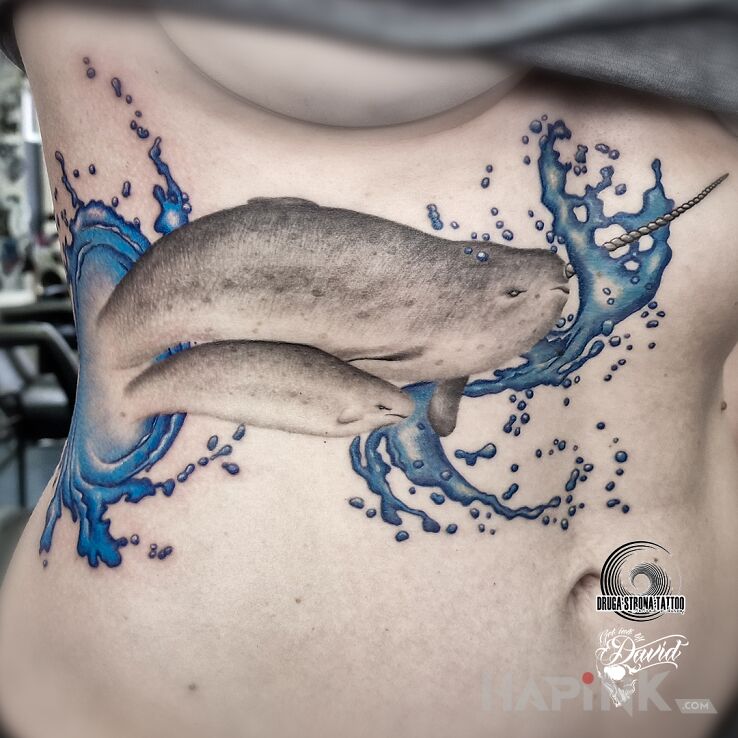 Tattoo Narwal - ostatni jednorożec ?! in black and gray motif and Watercolor style on the ribs